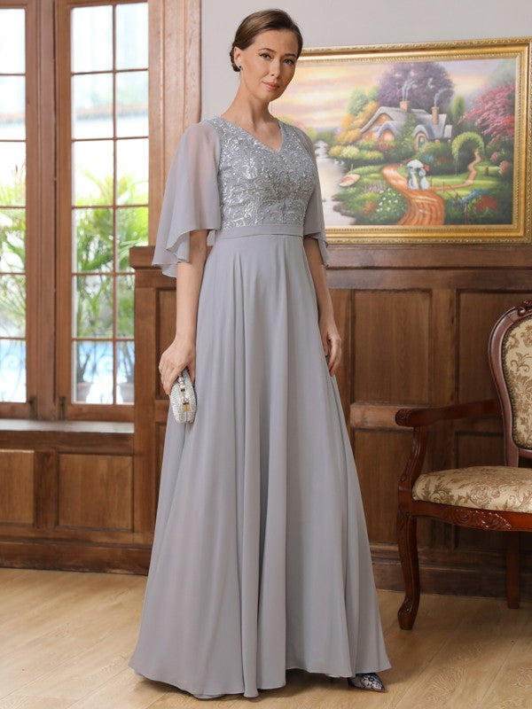 Lillian A-Line/Princess Chiffon Applique V-neck 1/2 Sleeves Floor-Length Mother of the Bride Dresses DEP0020334