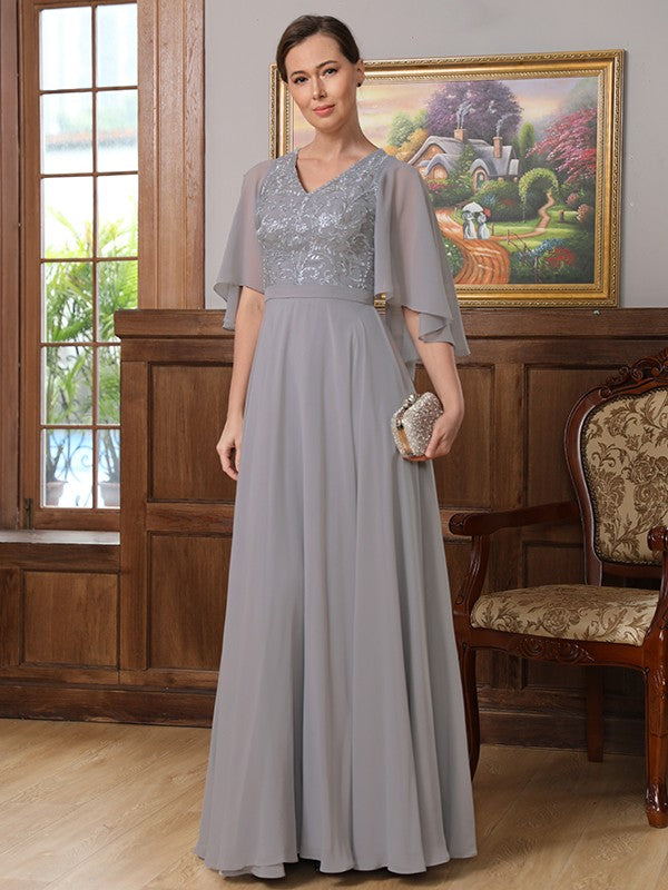 Lillian A-Line/Princess Chiffon Applique V-neck 1/2 Sleeves Floor-Length Mother of the Bride Dresses DEP0020334