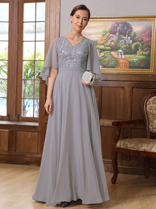 Lillian A-Line/Princess Chiffon Applique V-neck 1/2 Sleeves Floor-Length Mother of the Bride Dresses DEP0020334