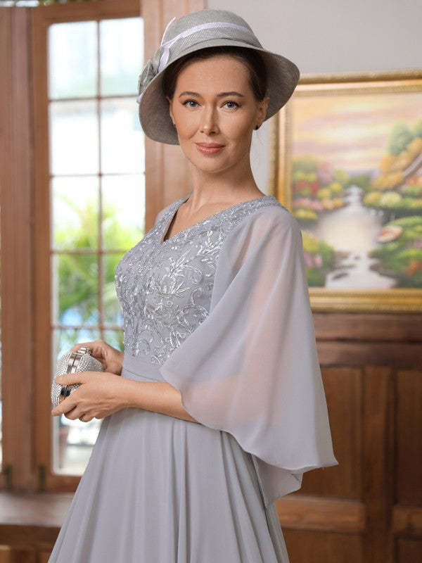 Lillian A-Line/Princess Chiffon Applique V-neck 1/2 Sleeves Floor-Length Mother of the Bride Dresses DEP0020334