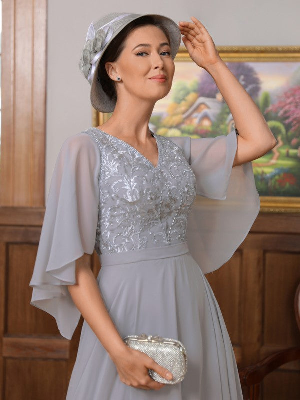 Lillian A-Line/Princess Chiffon Applique V-neck 1/2 Sleeves Floor-Length Mother of the Bride Dresses DEP0020334