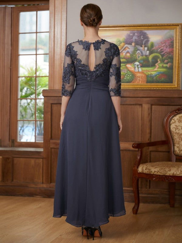 Joan A-Line/Princess Chiffon Applique Scoop 3/4 Sleeves Asymmetrical Mother of the Bride Dresses DEP0020346