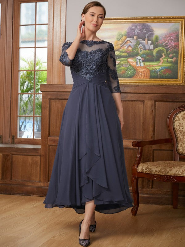 Joan A-Line/Princess Chiffon Applique Scoop 3/4 Sleeves Asymmetrical Mother of the Bride Dresses DEP0020346