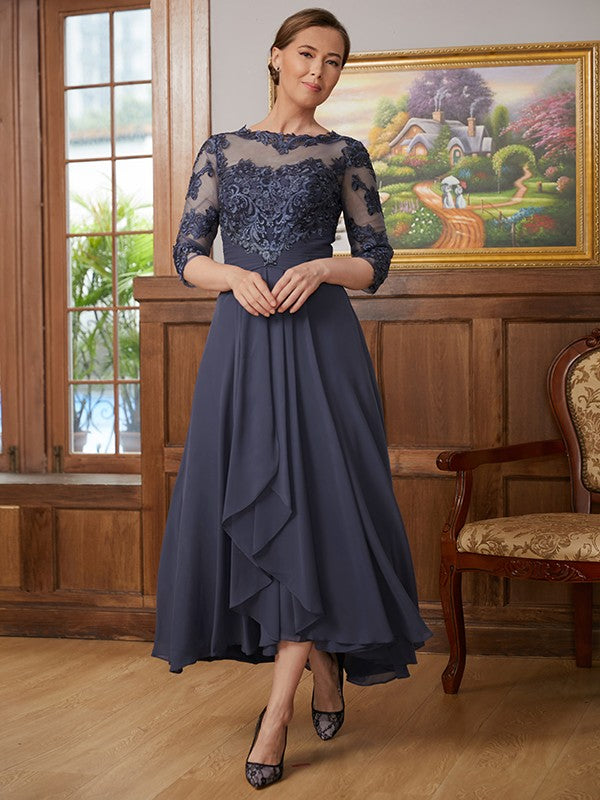 Joan A-Line/Princess Chiffon Applique Scoop 3/4 Sleeves Asymmetrical Mother of the Bride Dresses DEP0020346