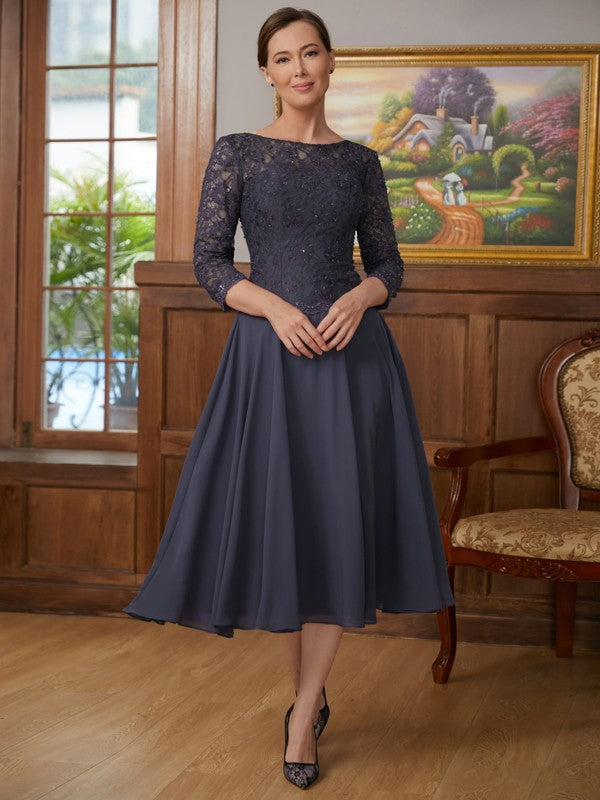 Rosa A-Line/Princess Chiffon Lace Scoop 3/4 Sleeves Tea-Length Mother of the Bride Dresses DEP0020347