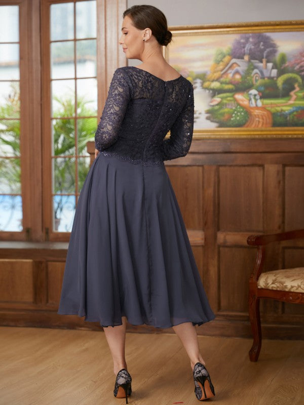 Rosa A-Line/Princess Chiffon Lace Scoop 3/4 Sleeves Tea-Length Mother of the Bride Dresses DEP0020347