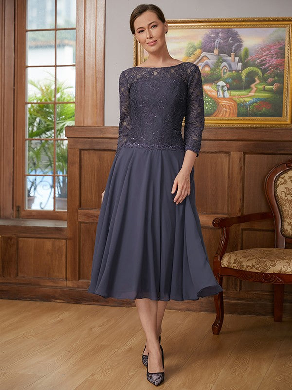 Rosa A-Line/Princess Chiffon Lace Scoop 3/4 Sleeves Tea-Length Mother of the Bride Dresses DEP0020347