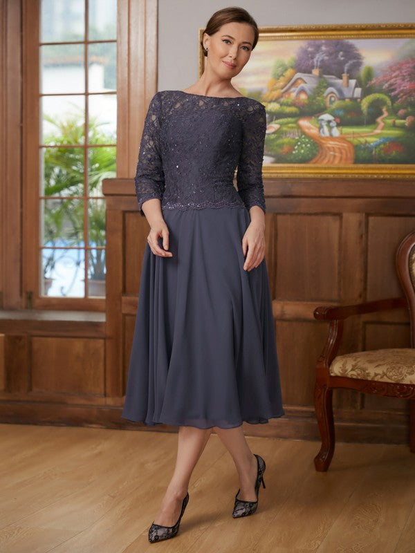 Rosa A-Line/Princess Chiffon Lace Scoop 3/4 Sleeves Tea-Length Mother of the Bride Dresses DEP0020347