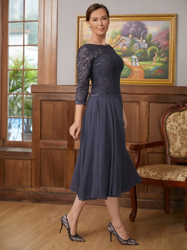 Rosa A-Line/Princess Chiffon Lace Scoop 3/4 Sleeves Tea-Length Mother of the Bride Dresses DEP0020347