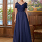 Aiyana A-Line/Princess Chiffon Lace V-neck Short Sleeves Floor-Length Mother of the Bride Dresses DEP0020311