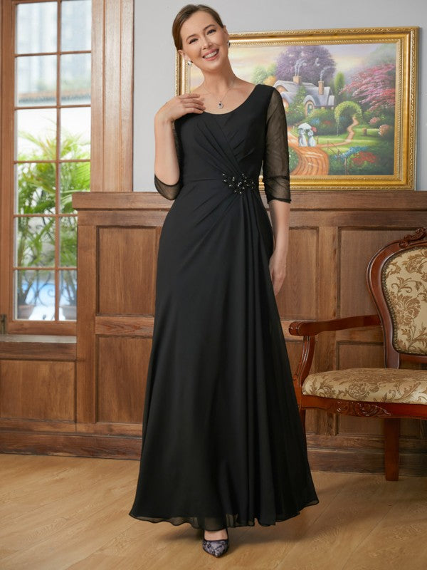 Jaden A-Line/Princess Chiffon Ruched Scoop 3/4 Sleeves Floor-Length Mother of the Bride Dresses DEP0020336