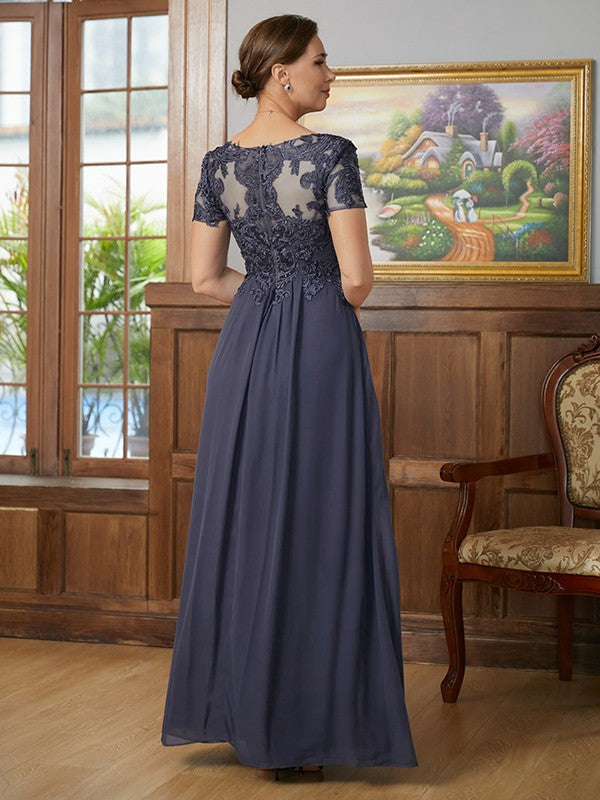 Hazel A-Line/Princess Chiffon Applique V-neck Short Sleeves Floor-Length Mother of the Bride Dresses DEP0020337