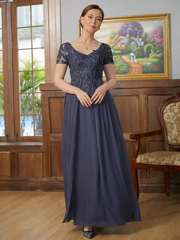 Hazel A-Line/Princess Chiffon Applique V-neck Short Sleeves Floor-Length Mother of the Bride Dresses DEP0020337