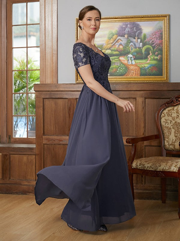 Hazel A-Line/Princess Chiffon Applique V-neck Short Sleeves Floor-Length Mother of the Bride Dresses DEP0020337