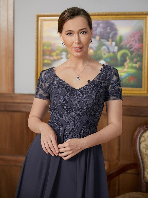 Hazel A-Line/Princess Chiffon Applique V-neck Short Sleeves Floor-Length Mother of the Bride Dresses DEP0020337