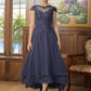 Elva A-Line/Princess Chiffon Applique Scoop Short Sleeves Asymmetrical Mother of the Bride Dresses DEP0020307