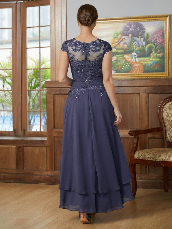 Elva A-Line/Princess Chiffon Applique Scoop Short Sleeves Asymmetrical Mother of the Bride Dresses DEP0020307