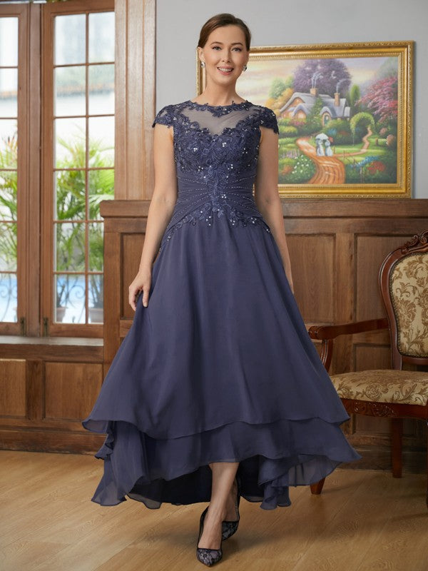 Elva A-Line/Princess Chiffon Applique Scoop Short Sleeves Asymmetrical Mother of the Bride Dresses DEP0020307