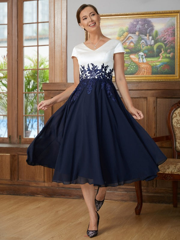 Grace A-Line/Princess Chiffon Applique V-neck Short Sleeves Tea-Length Mother of the Bride Dresses DEP0020349