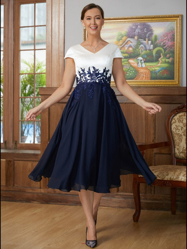 Grace A-Line/Princess Chiffon Applique V-neck Short Sleeves Tea-Length Mother of the Bride Dresses DEP0020349