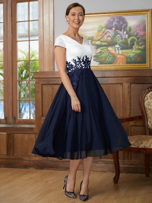 Grace A-Line/Princess Chiffon Applique V-neck Short Sleeves Tea-Length Mother of the Bride Dresses DEP0020349