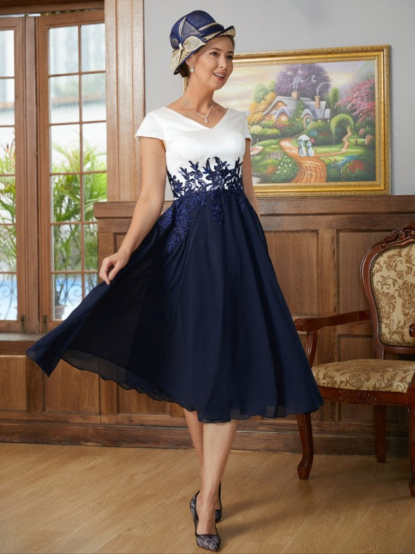 Grace A-Line/Princess Chiffon Applique V-neck Short Sleeves Tea-Length Mother of the Bride Dresses DEP0020349