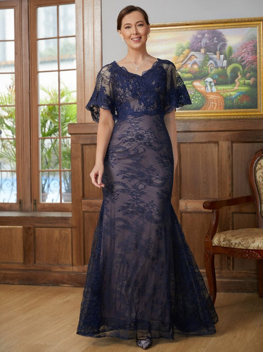 Maya Sheath/Column Silk like Satin Lace V-neck Short Sleeves Floor-Length Mother of the Bride Dresses DEP0020338