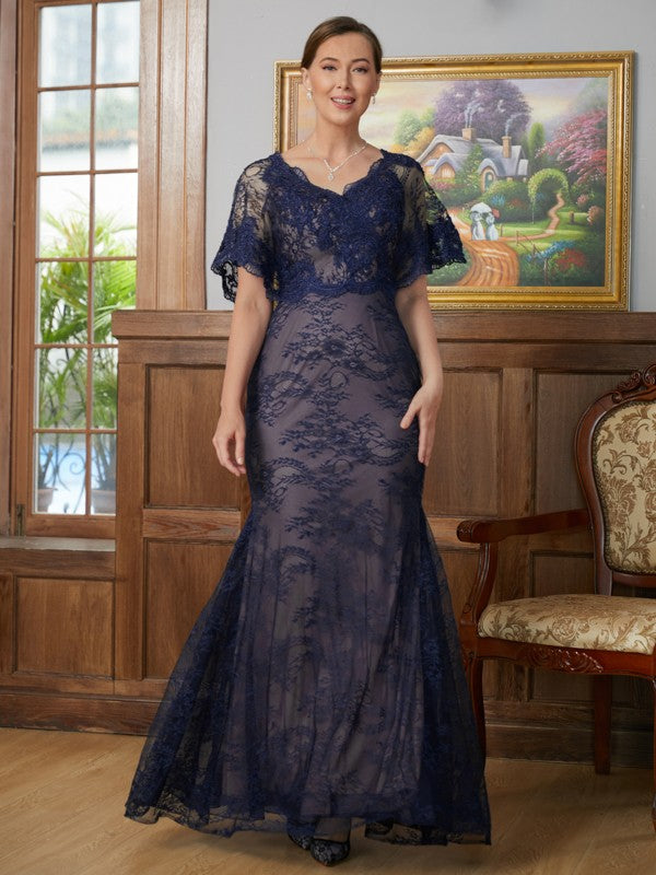 Maya Sheath/Column Silk like Satin Lace V-neck Short Sleeves Floor-Length Mother of the Bride Dresses DEP0020338