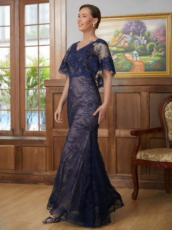 Maya Sheath/Column Silk like Satin Lace V-neck Short Sleeves Floor-Length Mother of the Bride Dresses DEP0020338