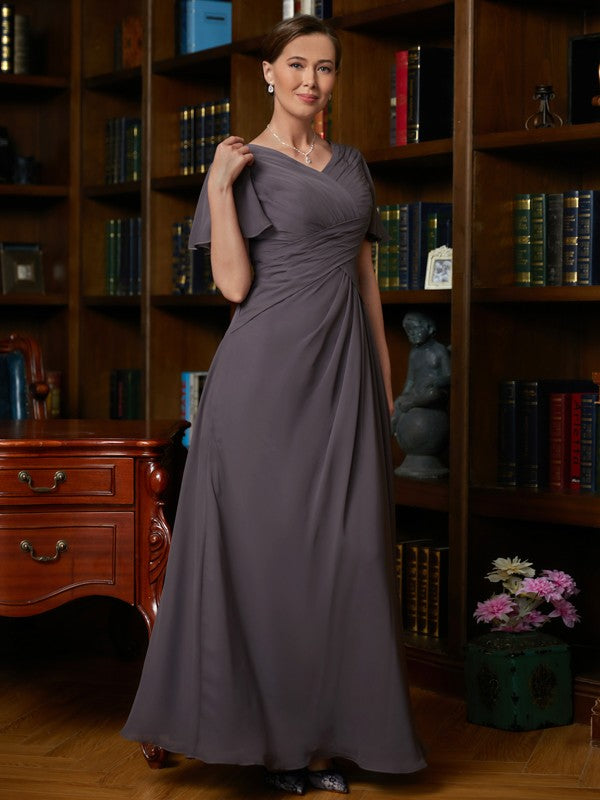 Charity A-Line/Princess Chiffon Ruched V-neck Short Sleeves Floor-Length Mother of the Bride Dresses DEP0020304