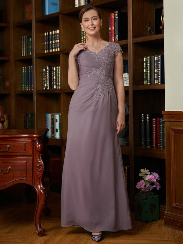 Shania Sheath/Column Chiffon Lace V-neck Short Sleeves Floor-Length Mother of the Bride Dresses DEP0020339