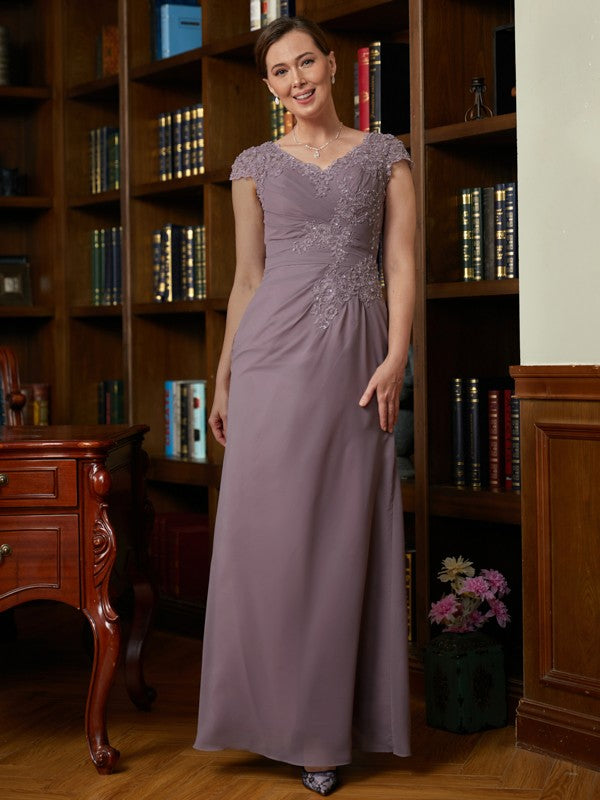 Shania Sheath/Column Chiffon Lace V-neck Short Sleeves Floor-Length Mother of the Bride Dresses DEP0020339