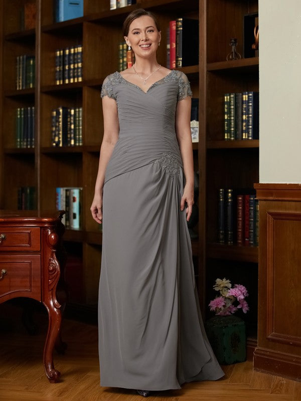 Nathaly A-Line/Princess Chiffon Applique Sweetheart Short Sleeves Floor-Length Mother of the Bride Dresses DEP0020328