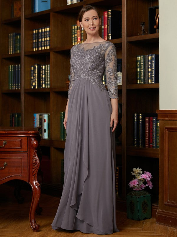 Selah A-Line/Princess Chiffon Lace Scoop 3/4 Sleeves Floor-Length Mother of the Bride Dresses DEP0020341