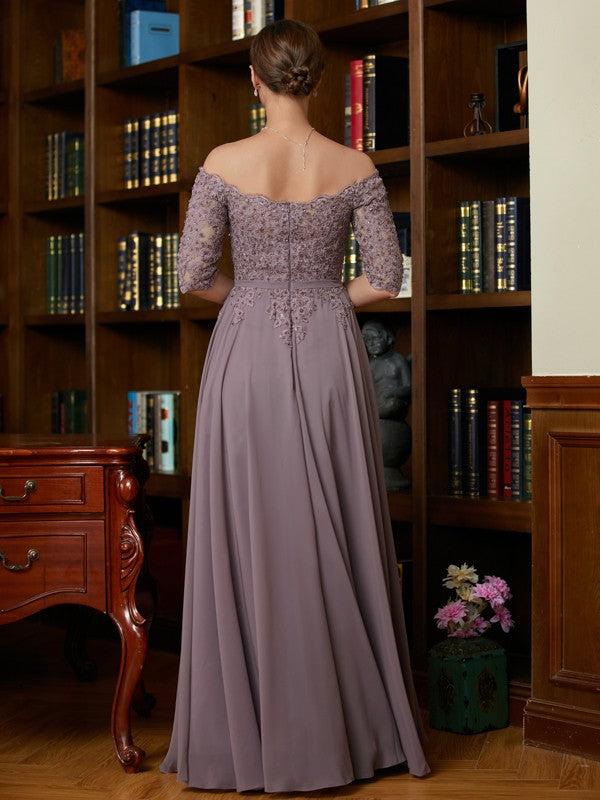 Violet A-Line/Princess Chiffon Applique Off-the-Shoulder 3/4 Sleeves Floor-Length Mother of the Bride Dresses DEP0020308