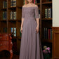 Violet A-Line/Princess Chiffon Applique Off-the-Shoulder 3/4 Sleeves Floor-Length Mother of the Bride Dresses DEP0020308