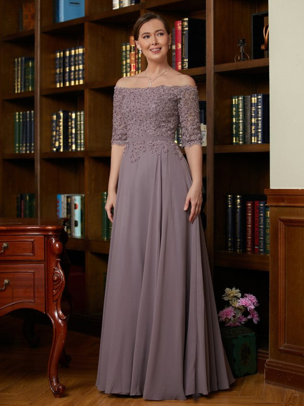 Violet A-Line/Princess Chiffon Applique Off-the-Shoulder 3/4 Sleeves Floor-Length Mother of the Bride Dresses DEP0020308