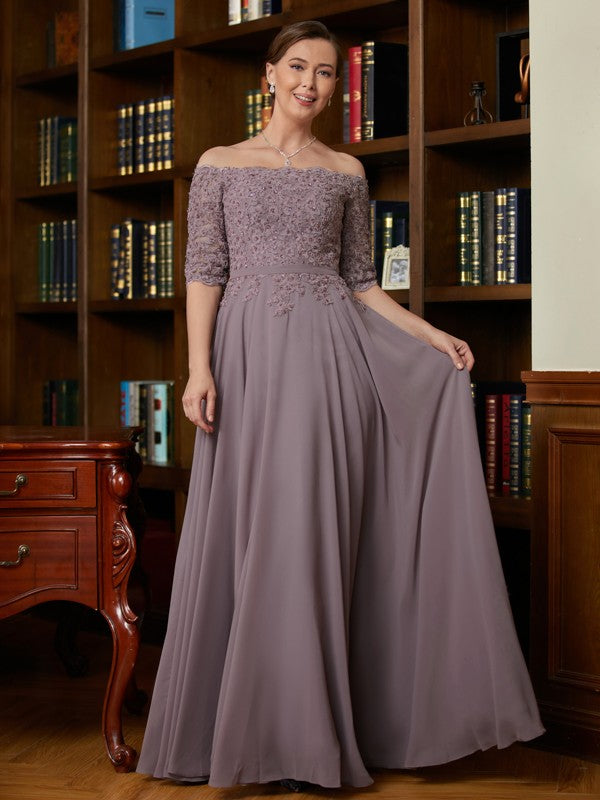 Violet A-Line/Princess Chiffon Applique Off-the-Shoulder 3/4 Sleeves Floor-Length Mother of the Bride Dresses DEP0020308