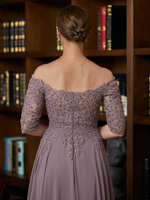 Violet A-Line/Princess Chiffon Applique Off-the-Shoulder 3/4 Sleeves Floor-Length Mother of the Bride Dresses DEP0020308