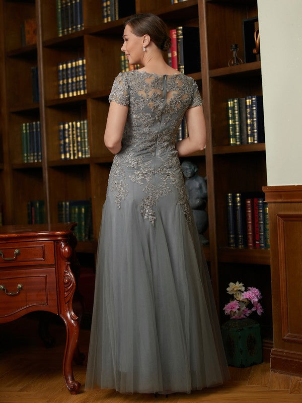 Avery A-Line/Princess Tulle Lace Scoop Short Sleeves Floor-Length Mother of the Bride Dresses DEP0020310