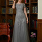 Avery A-Line/Princess Tulle Lace Scoop Short Sleeves Floor-Length Mother of the Bride Dresses DEP0020310