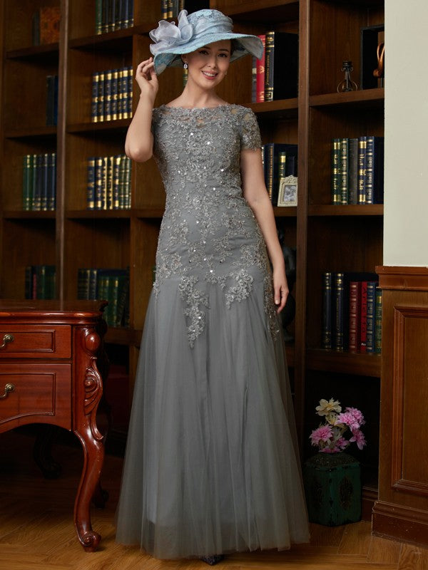 Avery A-Line/Princess Tulle Lace Scoop Short Sleeves Floor-Length Mother of the Bride Dresses DEP0020310