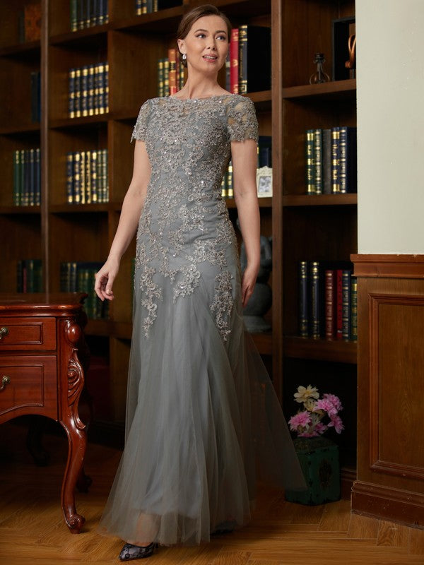 Avery A-Line/Princess Tulle Lace Scoop Short Sleeves Floor-Length Mother of the Bride Dresses DEP0020310