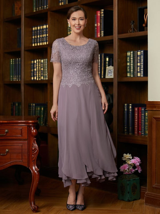 Renata A-Line/Princess Chiffon Lace Scoop Short Sleeves Ankle-Length Mother of the Bride Dresses DEP0020353