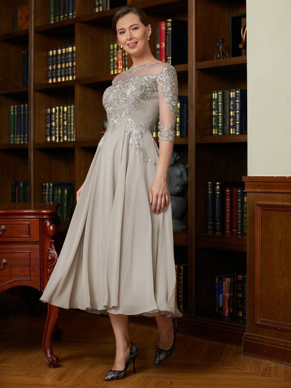 Mercedes A-Line/Princess Chiffon Lace Scoop 3/4 Sleeves Tea-Length Mother of the Bride Dresses DEP0020300