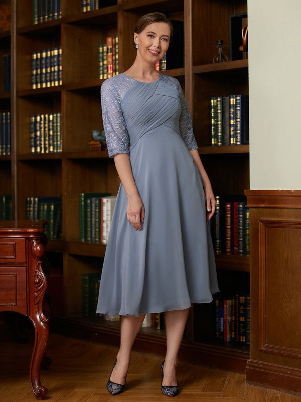 Jordyn A-Line/Princess Chiffon Lace Scoop 1/2 Sleeves Tea-Length Mother of the Bride Dresses DEP0020356