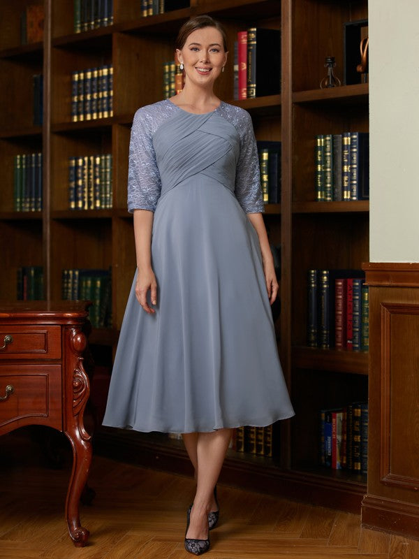 Jordyn A-Line/Princess Chiffon Lace Scoop 1/2 Sleeves Tea-Length Mother of the Bride Dresses DEP0020356