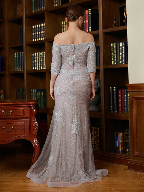 Stella Sheath/Column Lace Applique Off-the-Shoulder 3/4 Sleeves Sweep/Brush Train Mother of the Bride Dresses DEP0020331