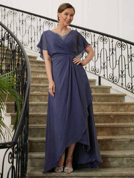 Eden A-Line/Princess Chiffon Beading V-neck Short Sleeves Asymmetrical Mother of the Bride Dresses DEP0020312