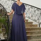 Eden A-Line/Princess Chiffon Beading V-neck Short Sleeves Asymmetrical Mother of the Bride Dresses DEP0020312